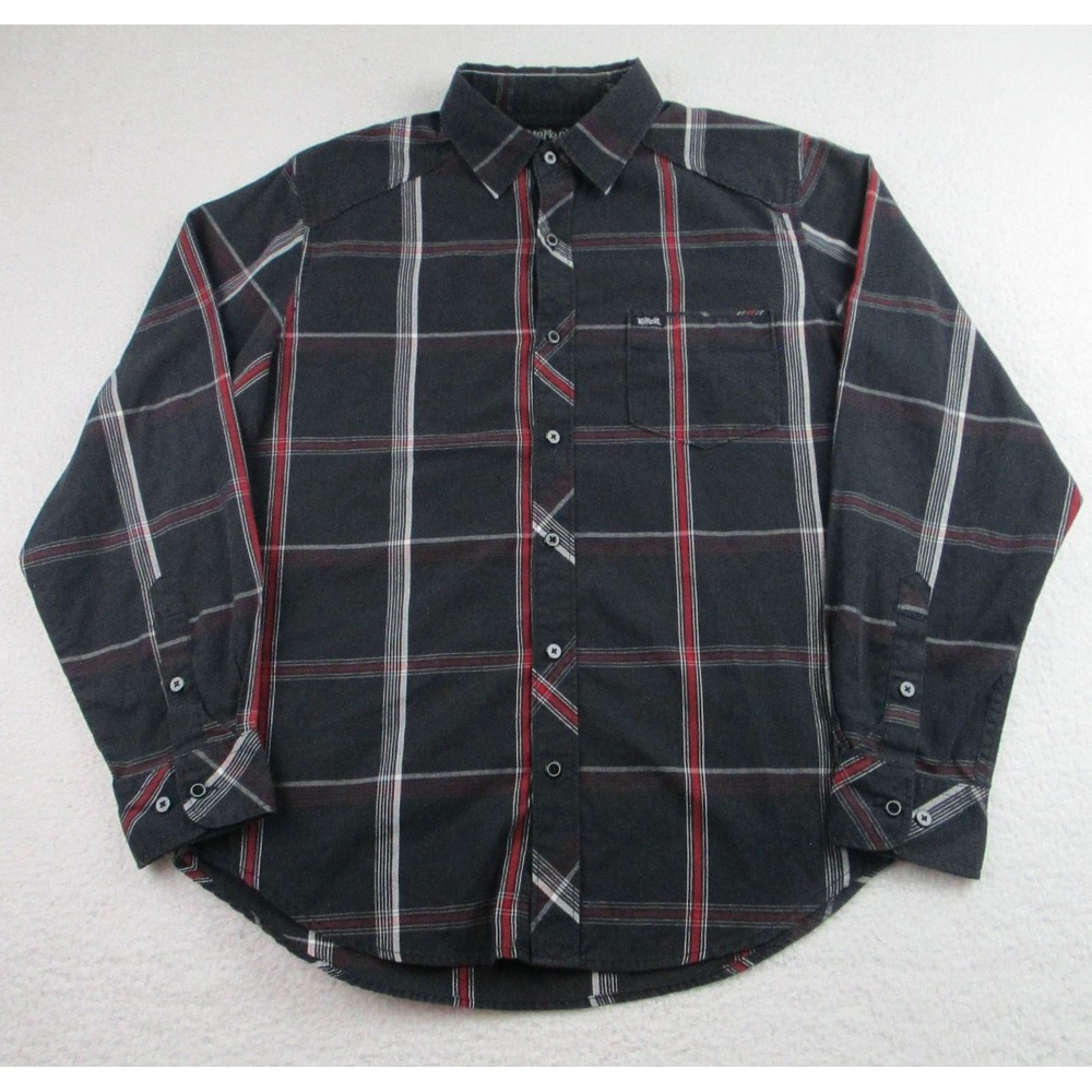 No Fear Shirt Mens Medium Black Red Gray Plaid Button Up Long Sleeve Casual